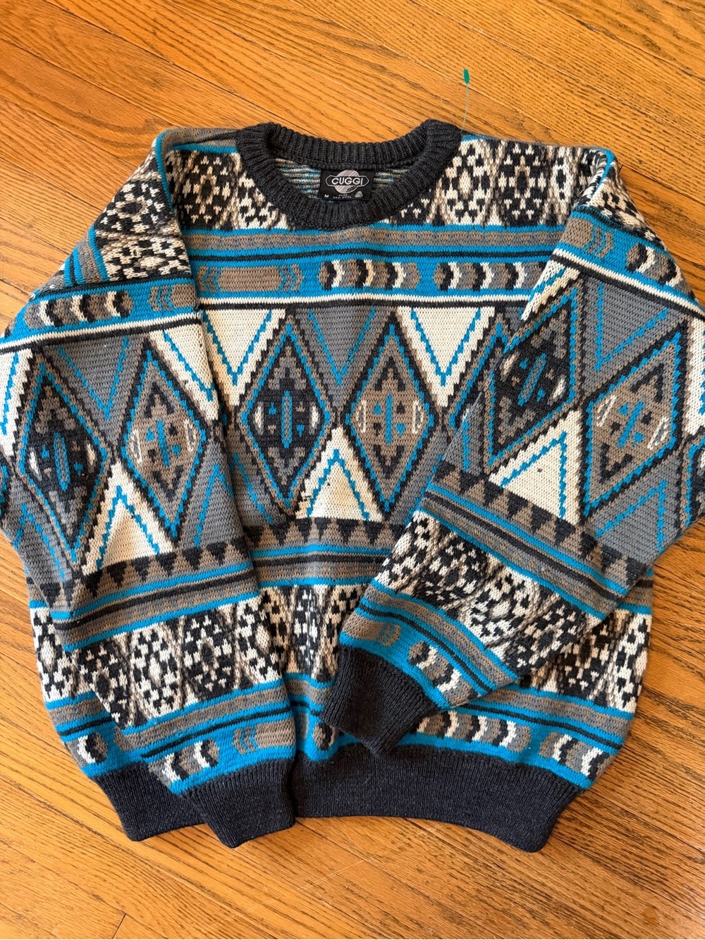 RARE-Pre-1987 Cuggi/Coogi Men's Geometric Pattern Crewneck Sweater - Blue & Gray - Picture 13 of 13